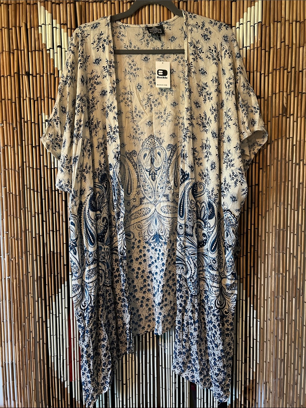 Angie Cream and Navy Blue Floral Paisley Kimono Tunic